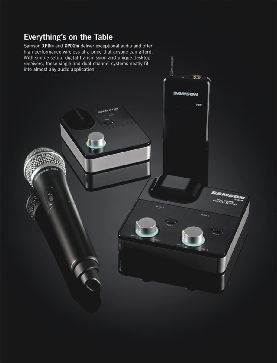 Wireless microphone and receiver system by samson, including a handheld microphone, bodypack transmitter, and desktop receiver, displayed on a black background.