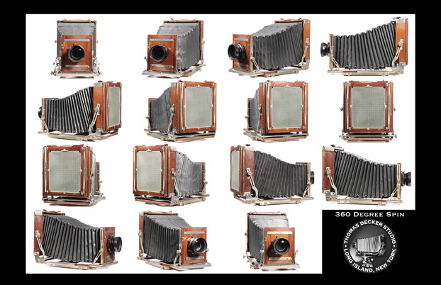 A sequence of images showing a vintage camera displayed from multiple angles for a 360-degree view.